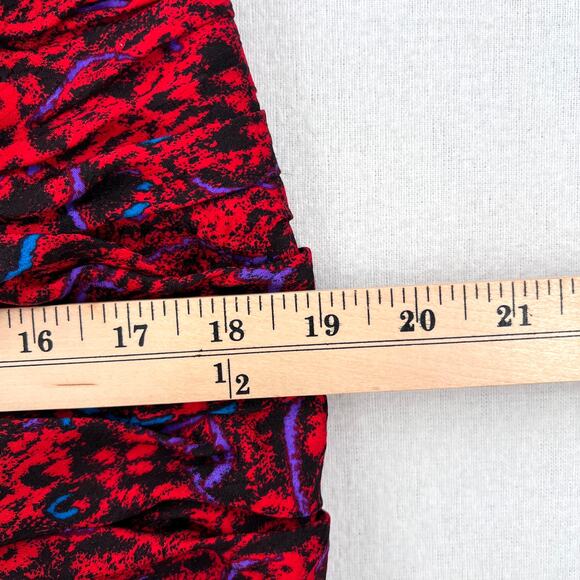 RAUL BLANCO Vintage 80s Silk Pencil Skirt 12 Red Multi Scrunch Ruched Printed - Picture 14 of 15